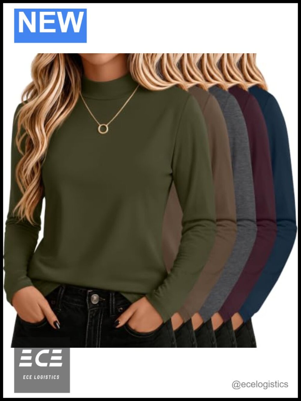 Mock Turtleneck Long Sleeve Cotton Slim Fit T-Shirt 5 Pack